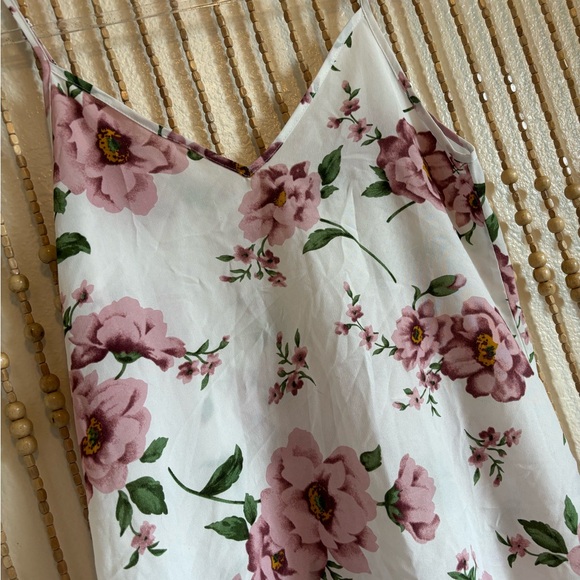 Cottage Coquette Boho White Pink Floral Loose Fit Slip V Neck Sleeveless Dress - Picture 2 of 4